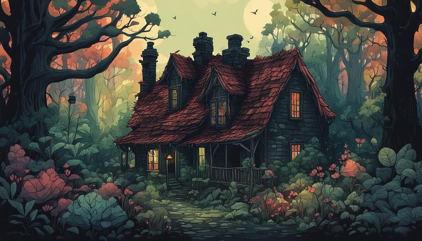 Dark Cottage Blends Into Forest, Ink Poster