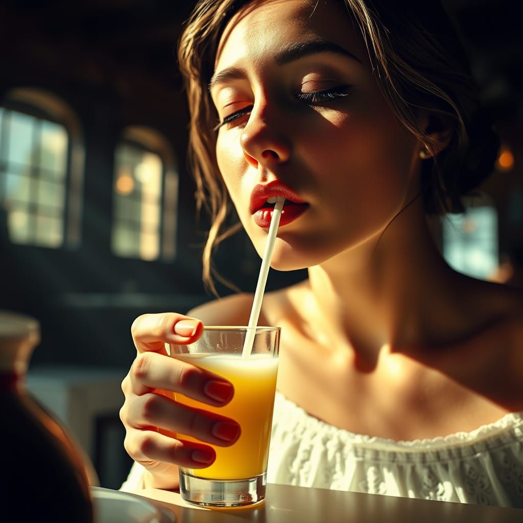 Surreal Image of Woman Sipping Eggs with Straw