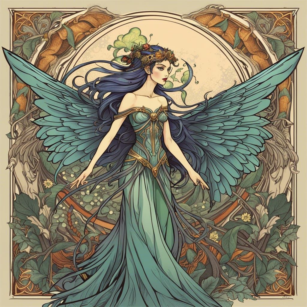 Elven Sorceress with Fairy Wings in Art Nouveau Style