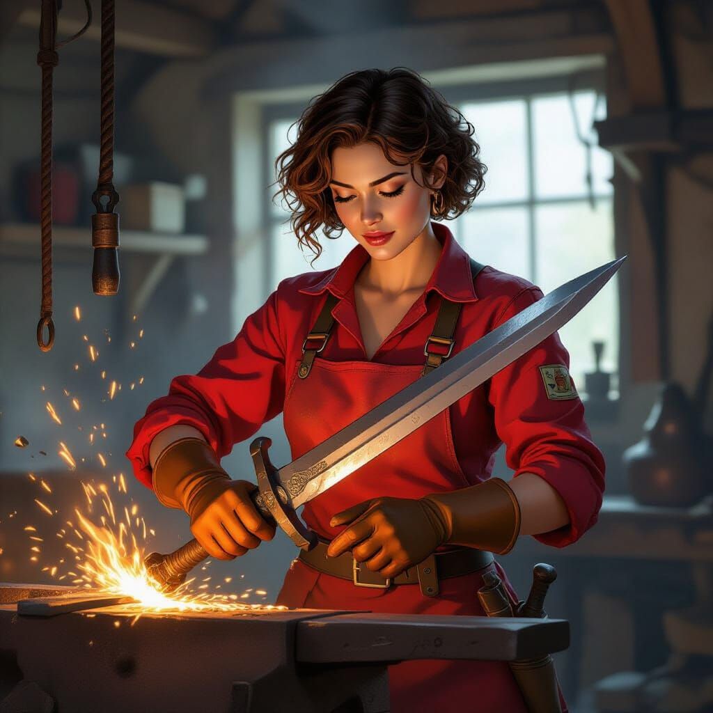 Female Blacksmith Forging Sword in Dynamic Realism Style