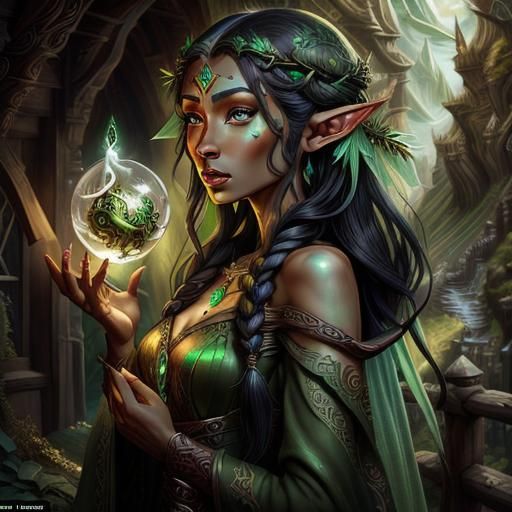 Ethereal Elf-Mage Enchantress in Vibrant Green Robes