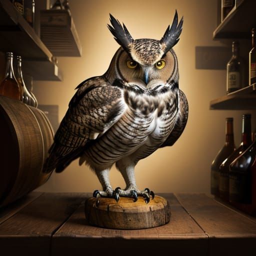 Great Horned Owl Under Whiskey Bottle