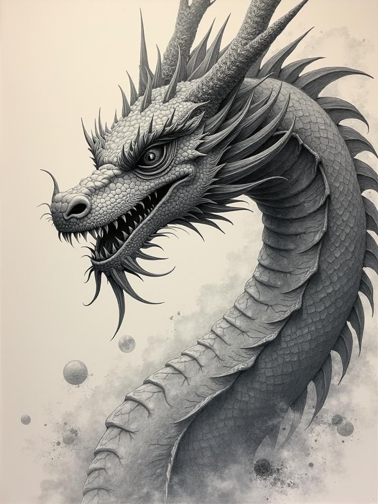 Majestic Dragon in Art Deco Galactic Pencil Sketch