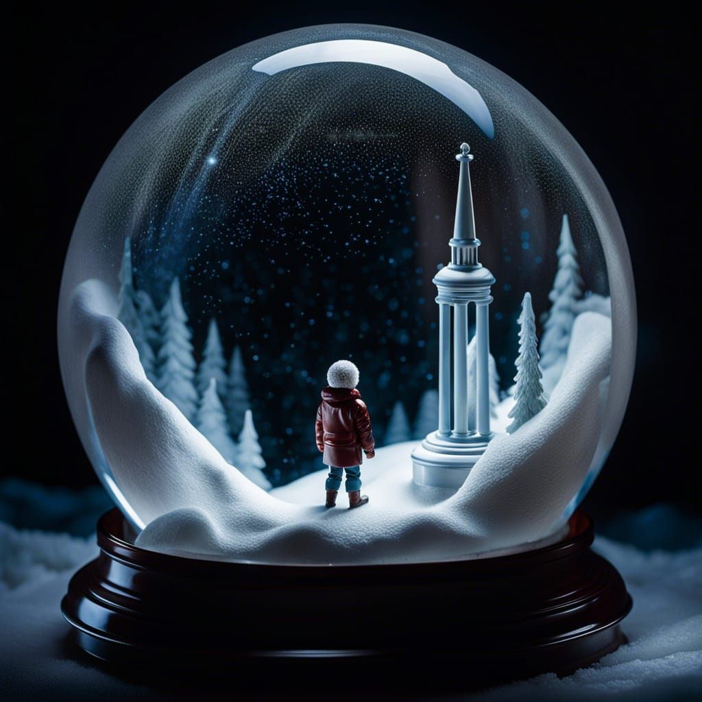 Trapped Figure in Snow Globe, Hyperrealistic Rendering