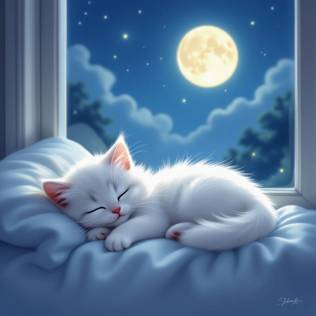 Kitten Sleeps Peacefully Under Gentle Moonlight