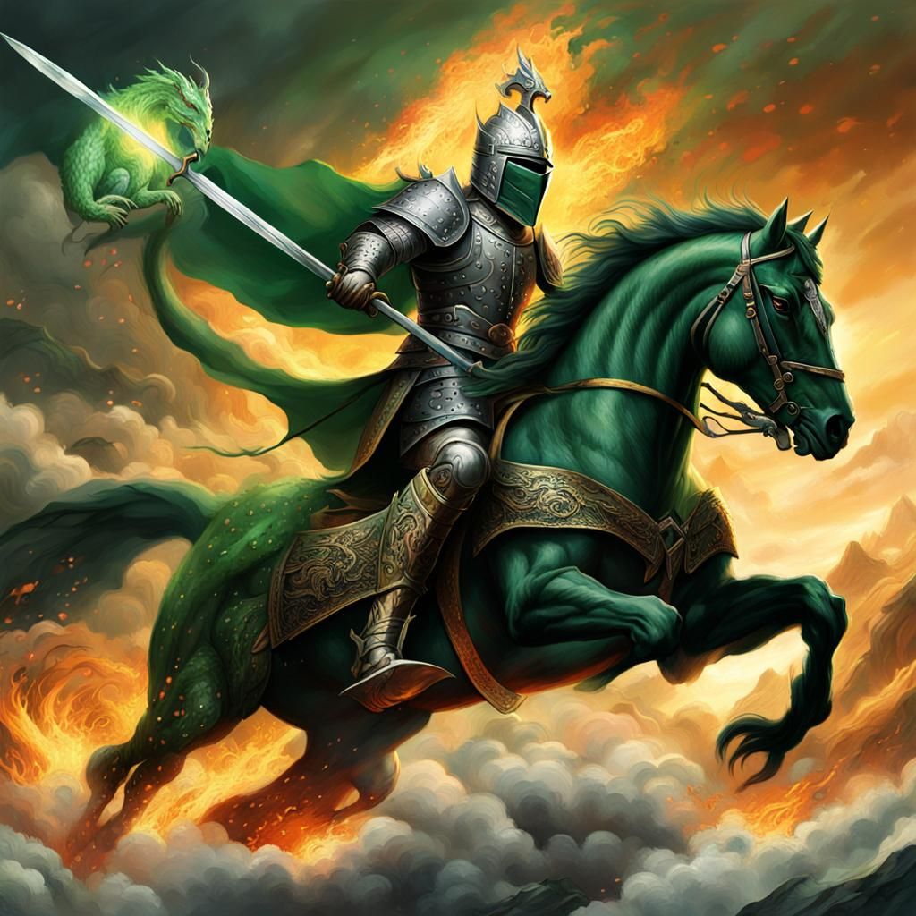 Green Knight Battles Dragon on Horseback