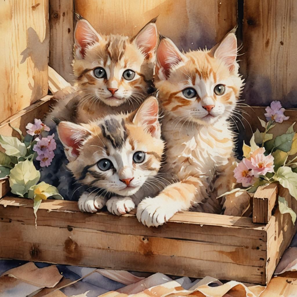 Watercolor Kittens Sleeping in Golden Light