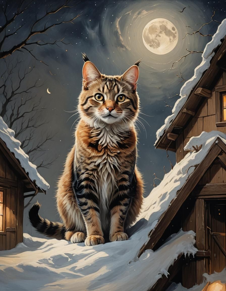 A Whimsical Lynx Vanishes into the Moonlit Attic