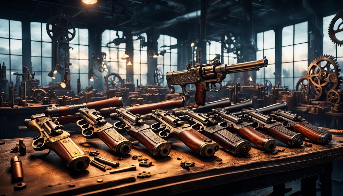 Luger P08 Pistols in Steampunk Factory at Dusk