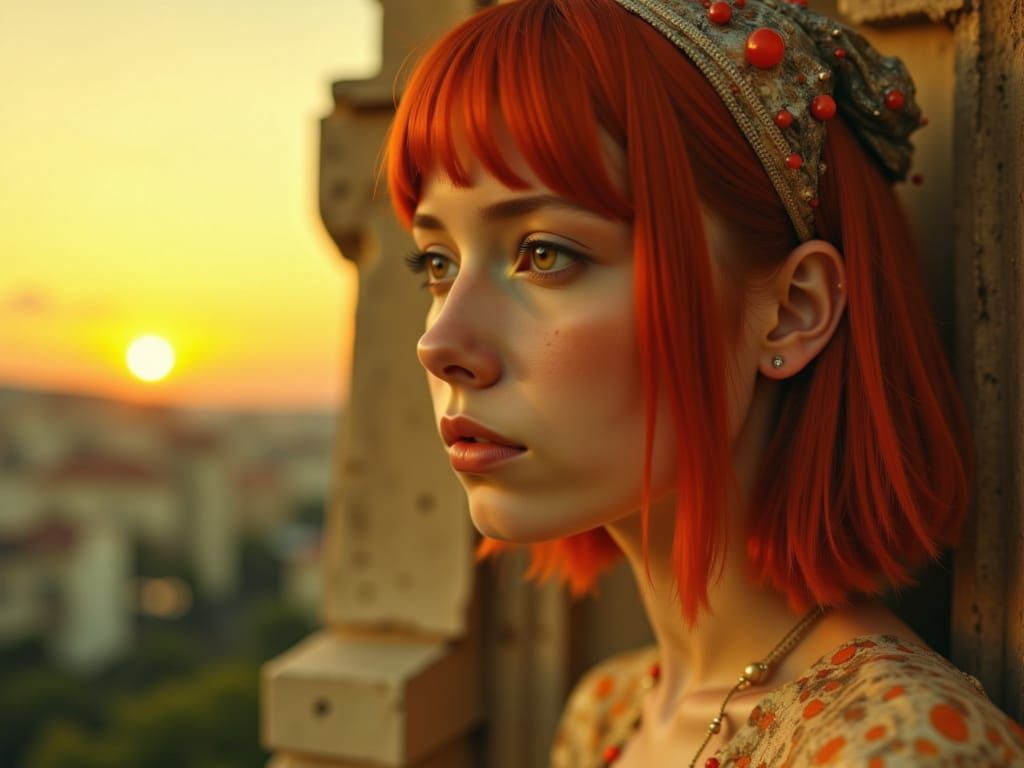 Sad Princess Gazes at Sunset on Palace Balcony
