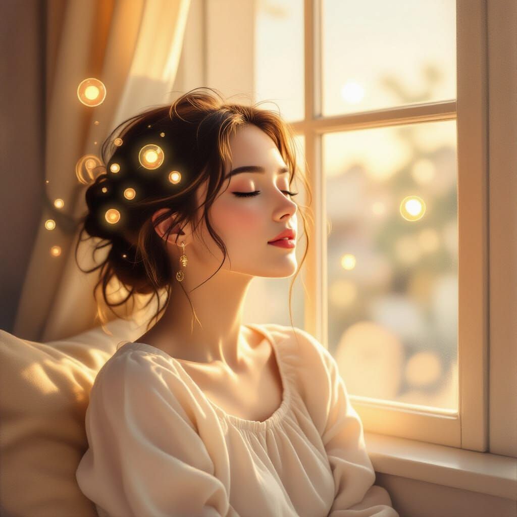 Dreamy Woman in Sunlit Window Seat with Ethereal Orbs