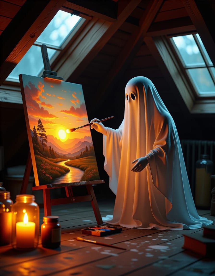 Ghost Artist Paints Ethereal Landscapes in Candlelit Attic