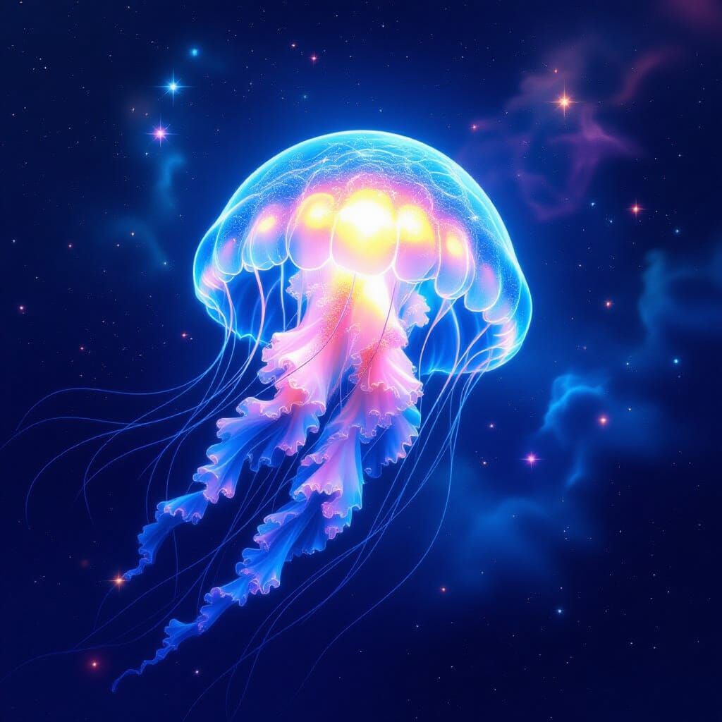 Bioluminescent Jellyfish in Cosmic Nebula