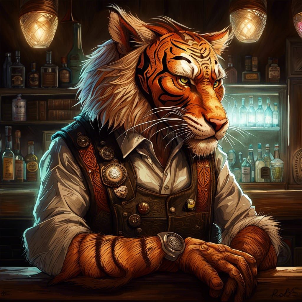 Old-Western Bartender Tiger Portrait in Digital Painting Sty...