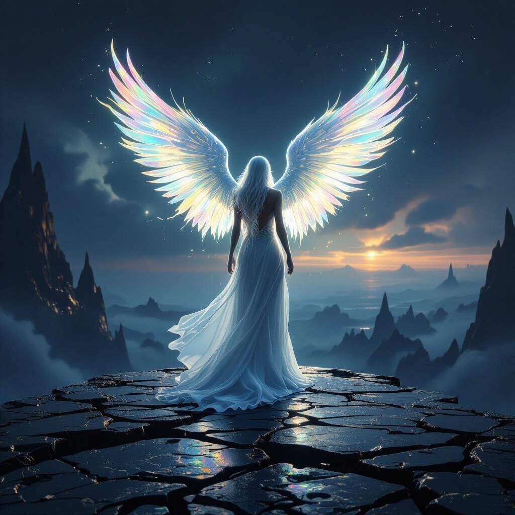 Ethereal Angel on Precipice Over Dreamlike Landscape