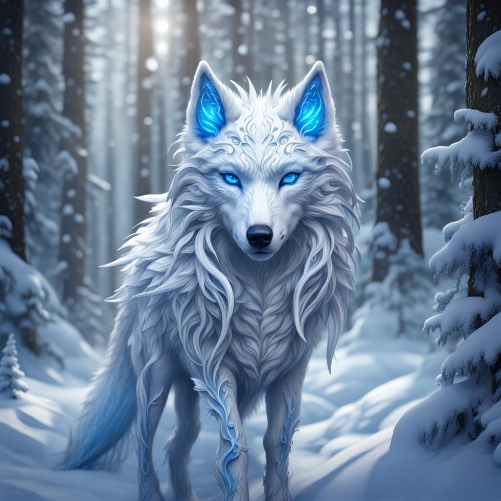 Magical Snow Wolf with Blue Wings, Detailed Painting