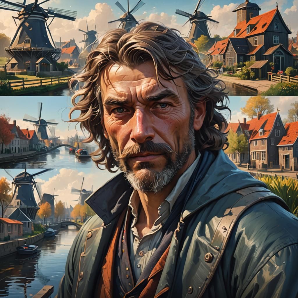 Netherlands Portrait with Windmills in Hyperdetailed Style