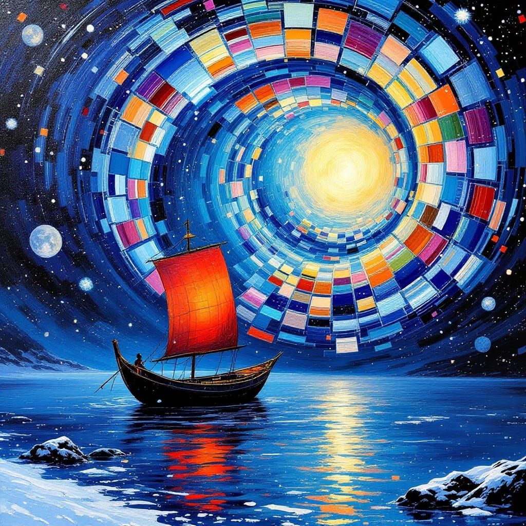 Moonlit Chinese Fishing Boat in a Cosmic Winter Scene