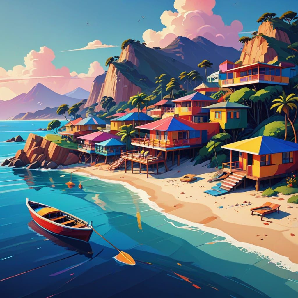 Neo-Cubist Angolan Peninsula Landscape with Vibrant Colors