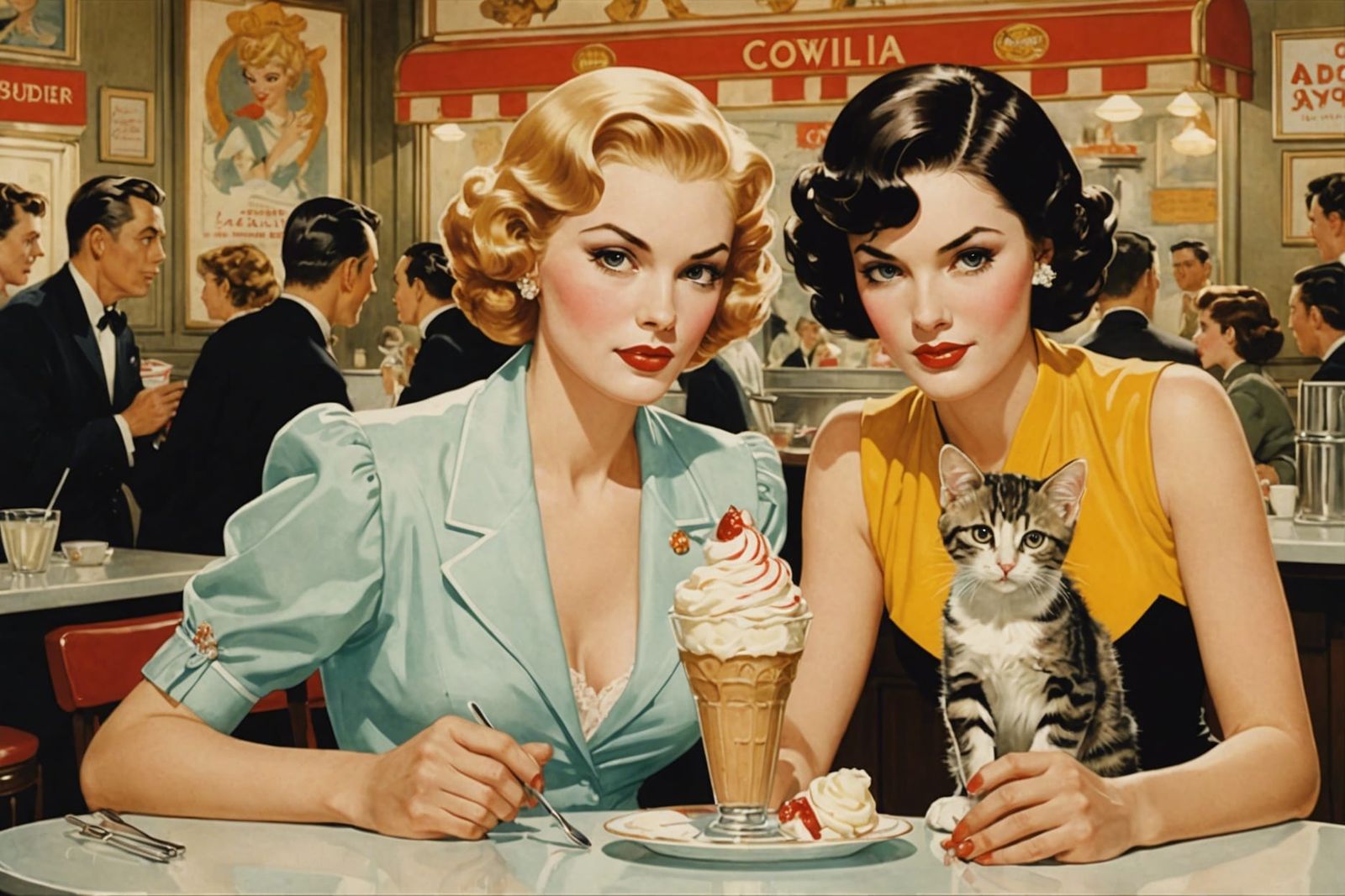 Couple with Kitten in Ice Cream Parlor