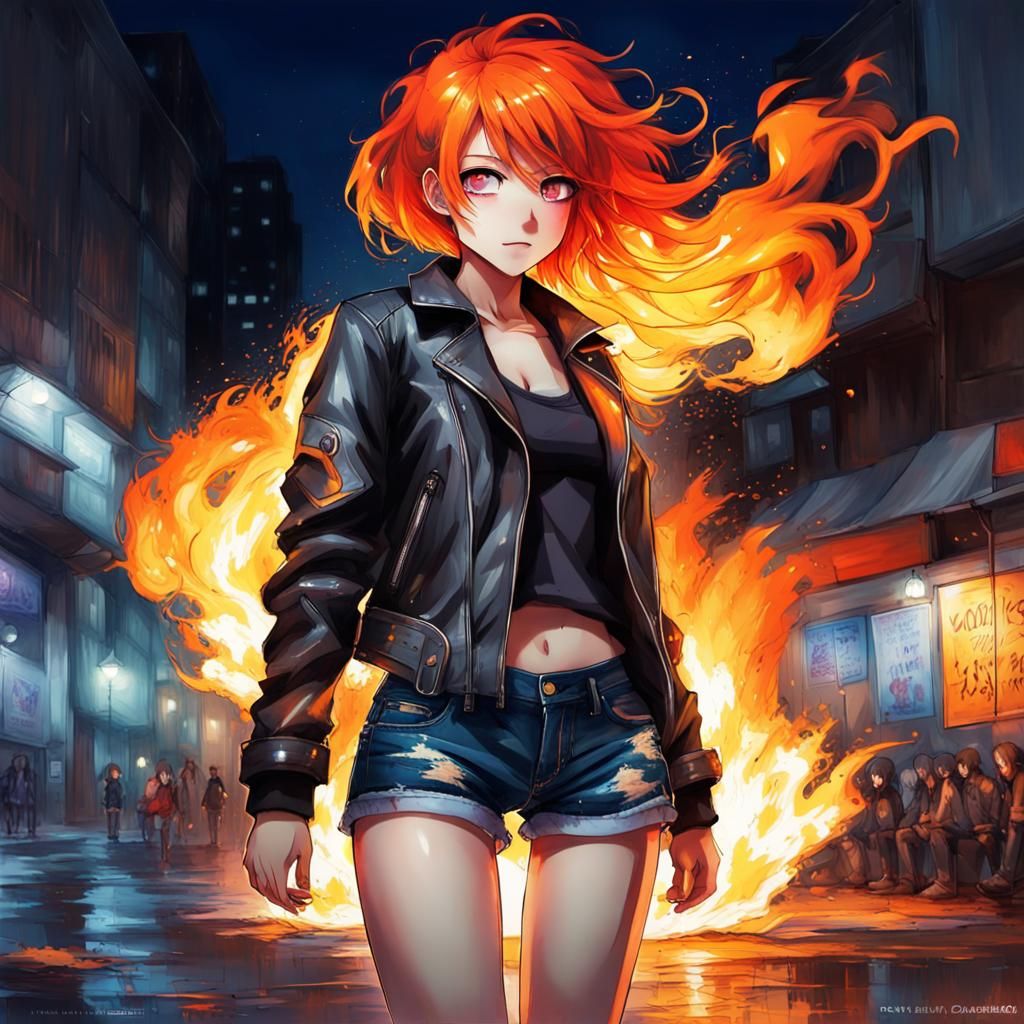 Fiery Haired Girl in Anime Street Art Style