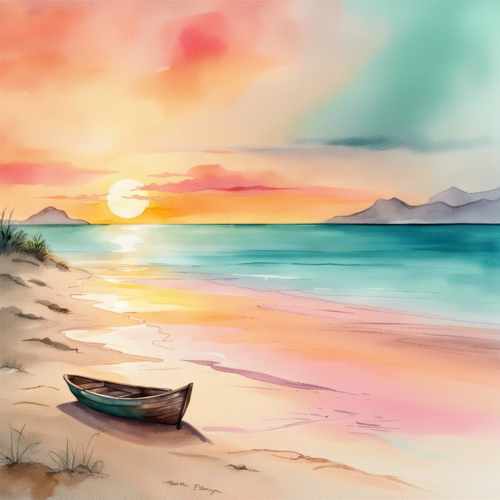 Beach, with footprints in the sand, turquoise water, small boat, sunset with hues of pink yellow and orange, watercolor...