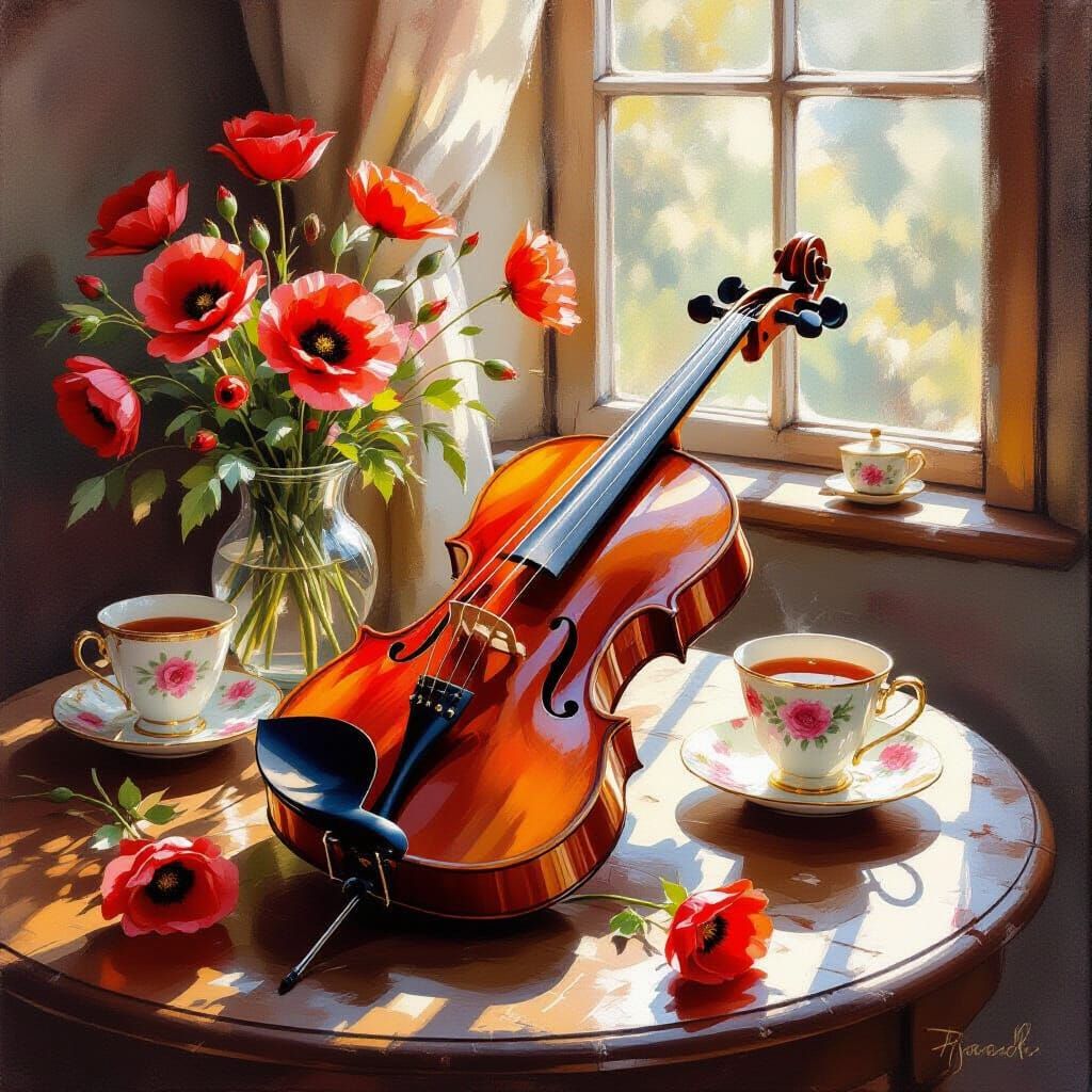 Stradivarius Violin with Flowers in Watercolor Style