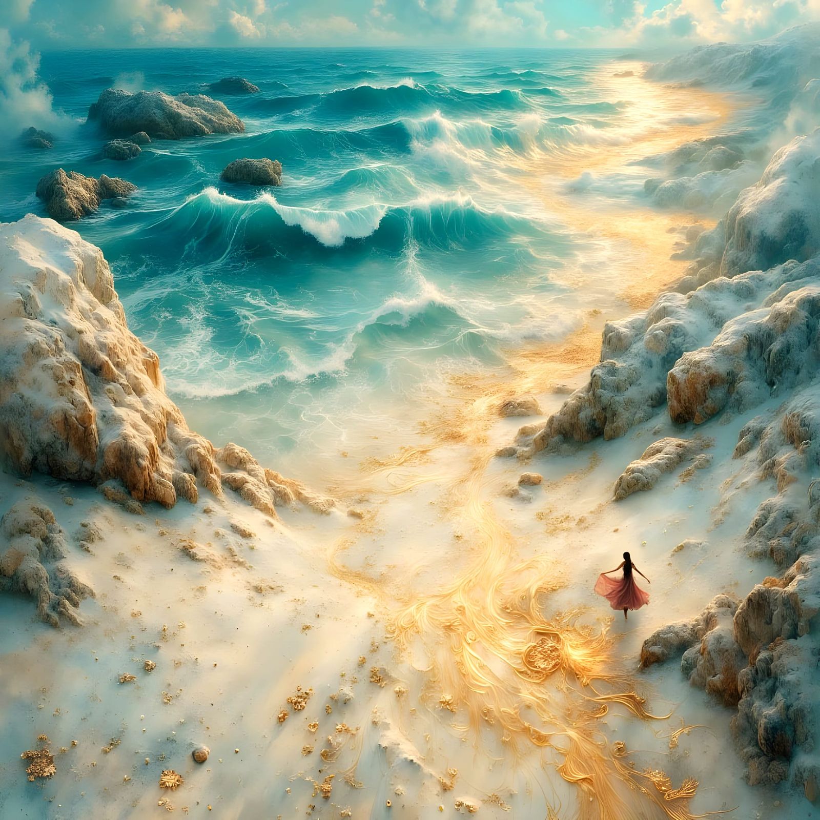 Luminous Portrait with Ocean Waves in Jewel Tones