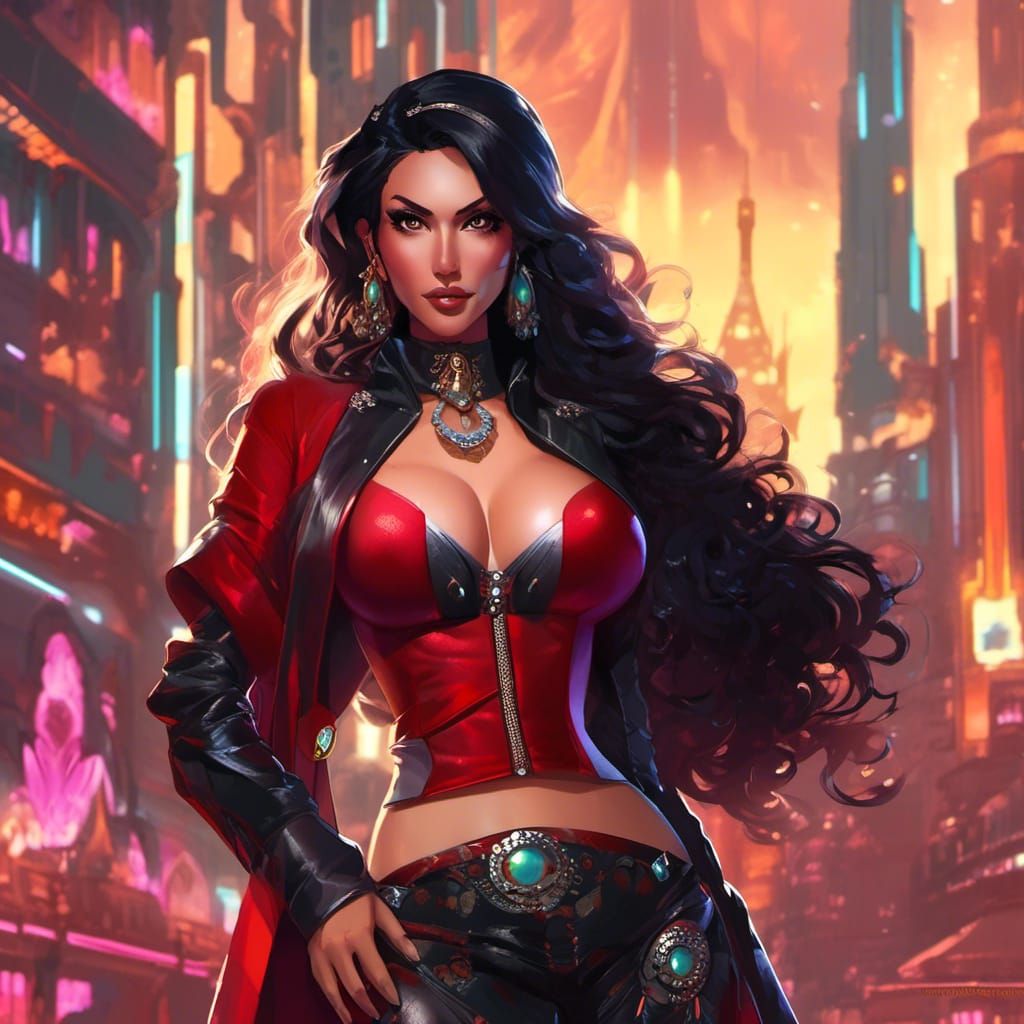 Muscular Red Alien Woman in Anime Style