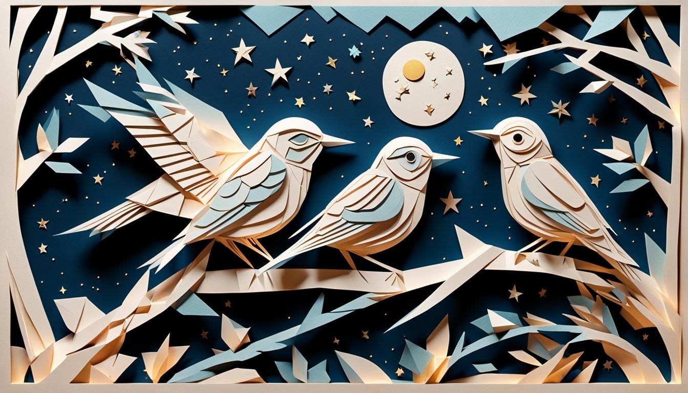 Cubist 3D Papercraft Birds in Starry Night Sky