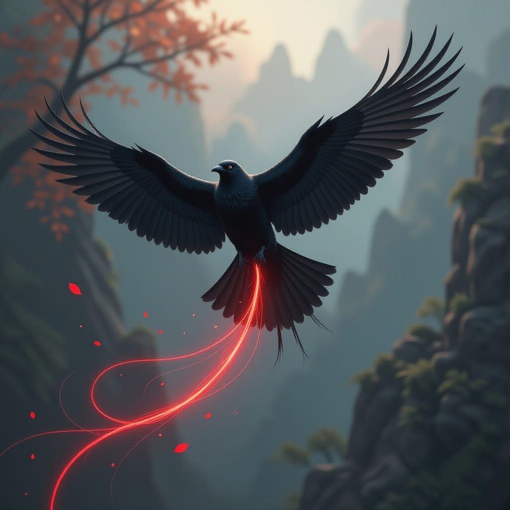 Black Bird Carries Glowing Red String Of Fate