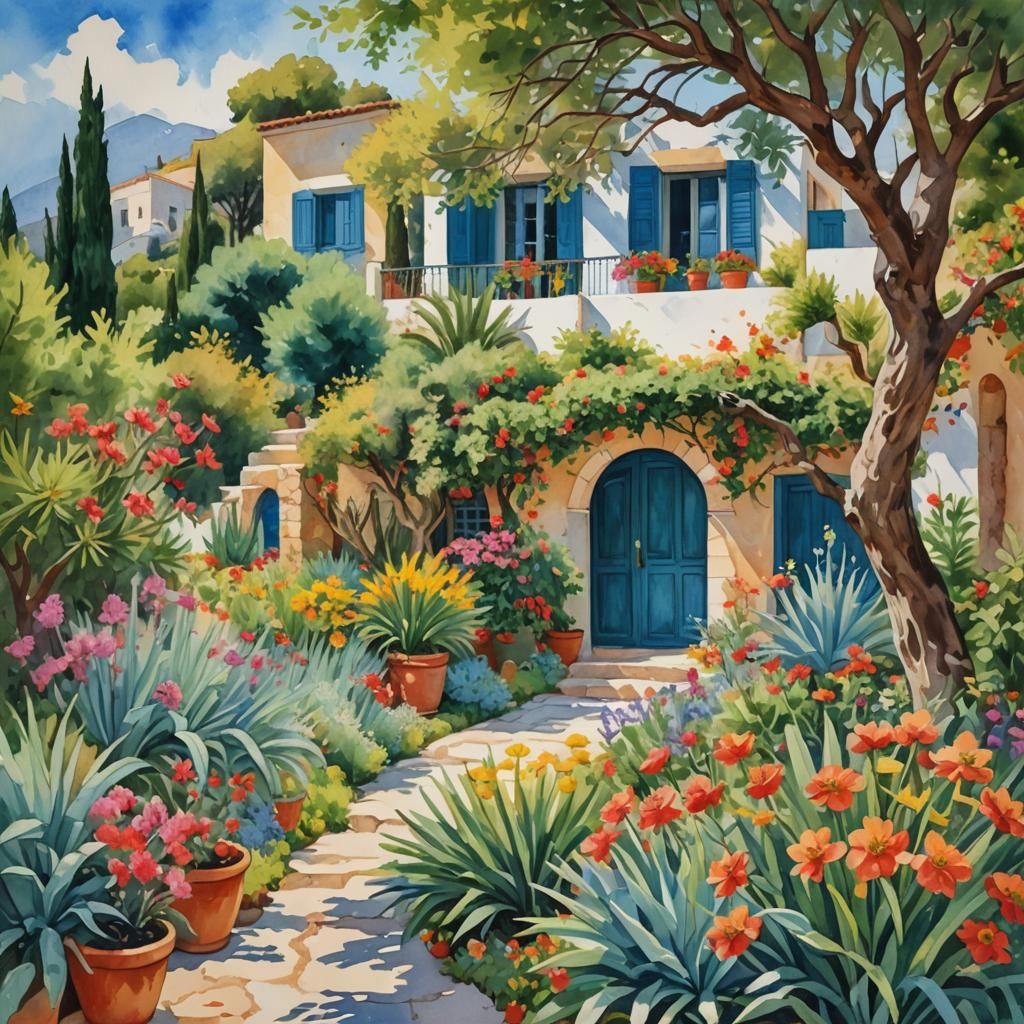 Mediterranean Garden in Gouache Watercolor Style
