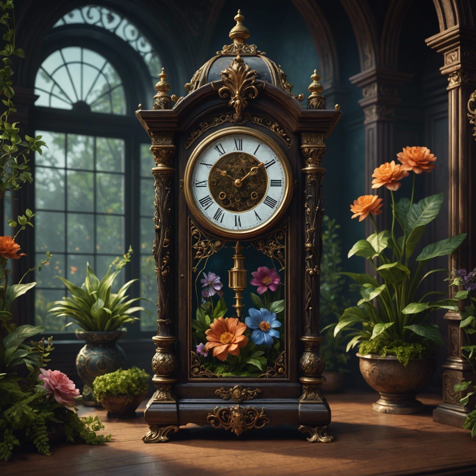 Ornate Grandmother Clock with Flower Terrarium