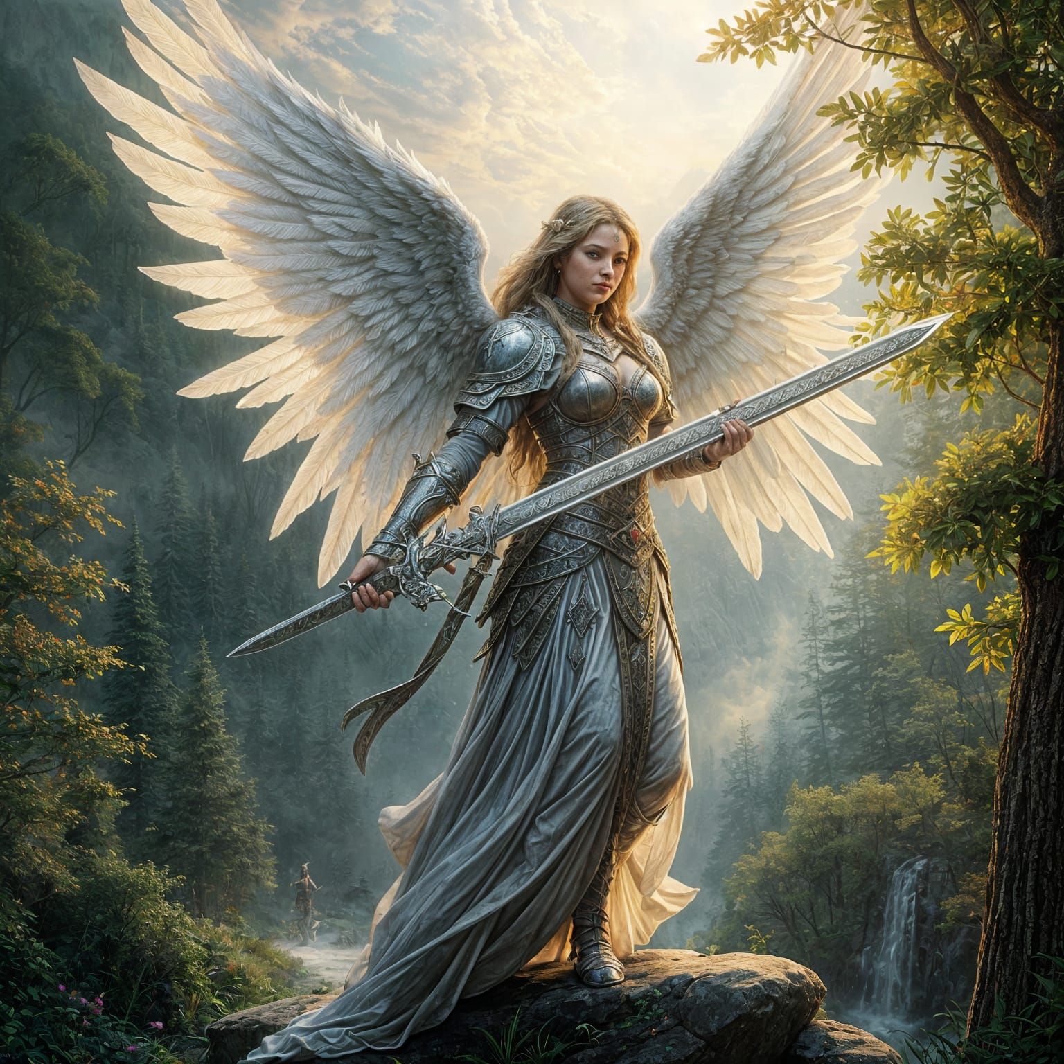 Ethereal Angel Warrior in Heavenly Mist