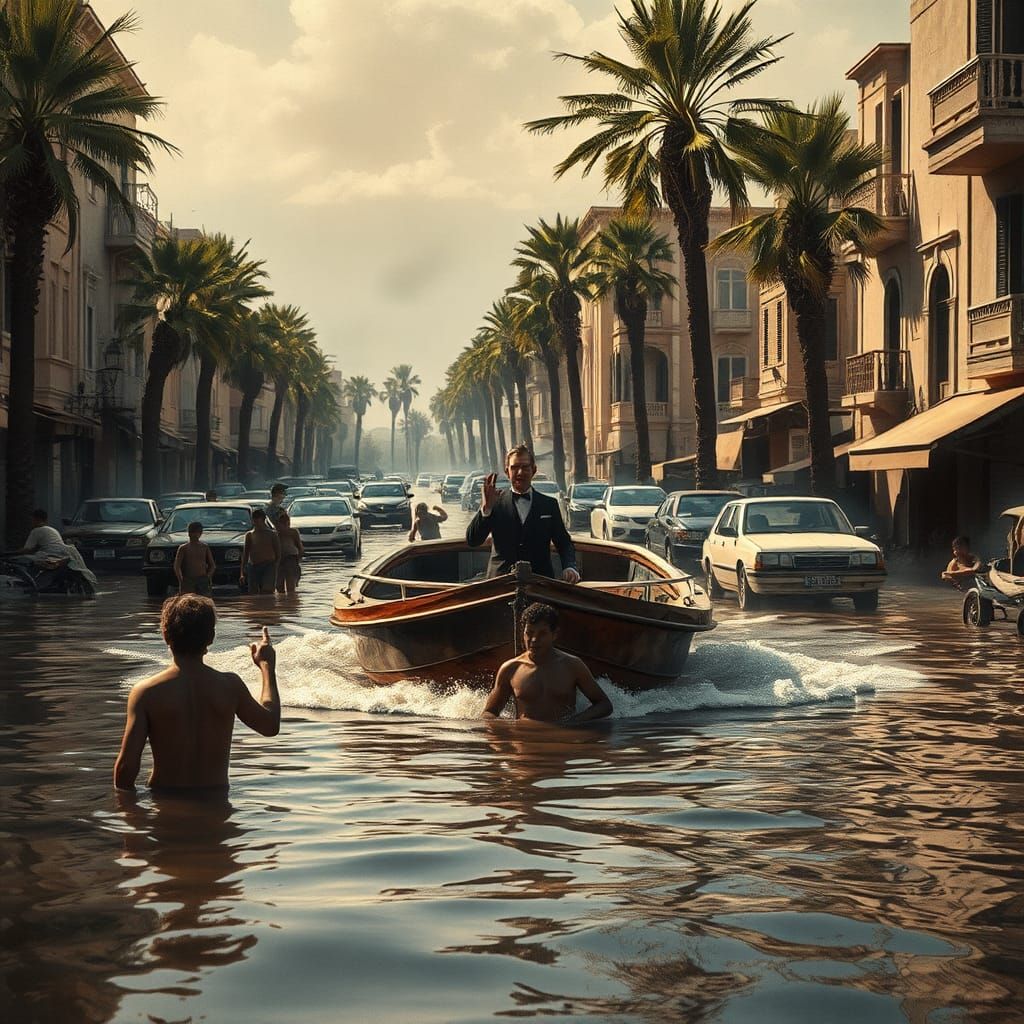 Boat Sailing Flooded Street in Sepia Tone