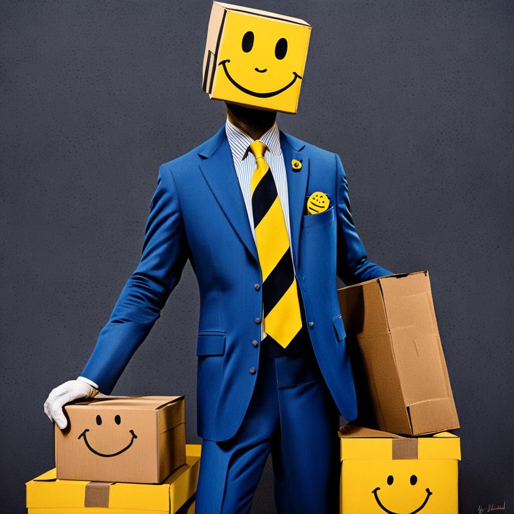 Surreal Man with Smiley Face Box Headgear