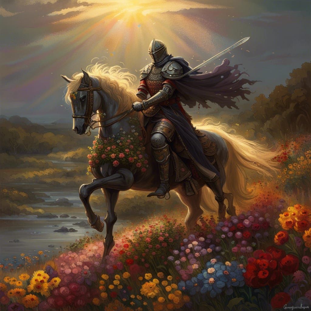 Gothic Knight Charges into Battle at Sunrise