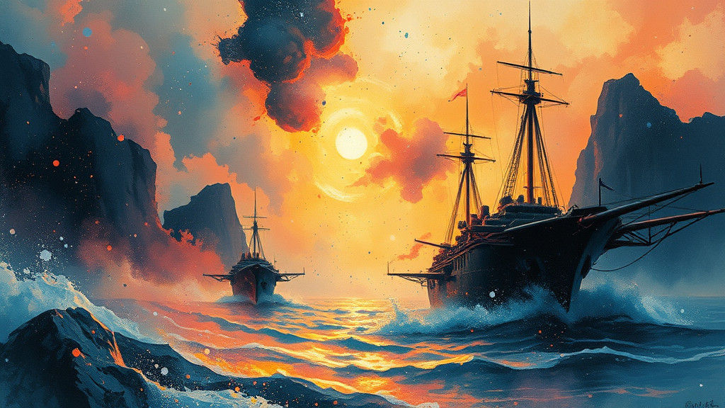 Fiery Attack Ships in Watercolour Style