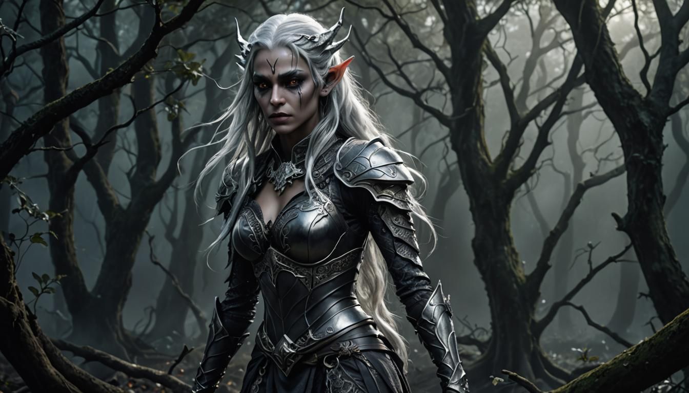 Armored Dark Elf Woman in Moody Forest, Digital Art