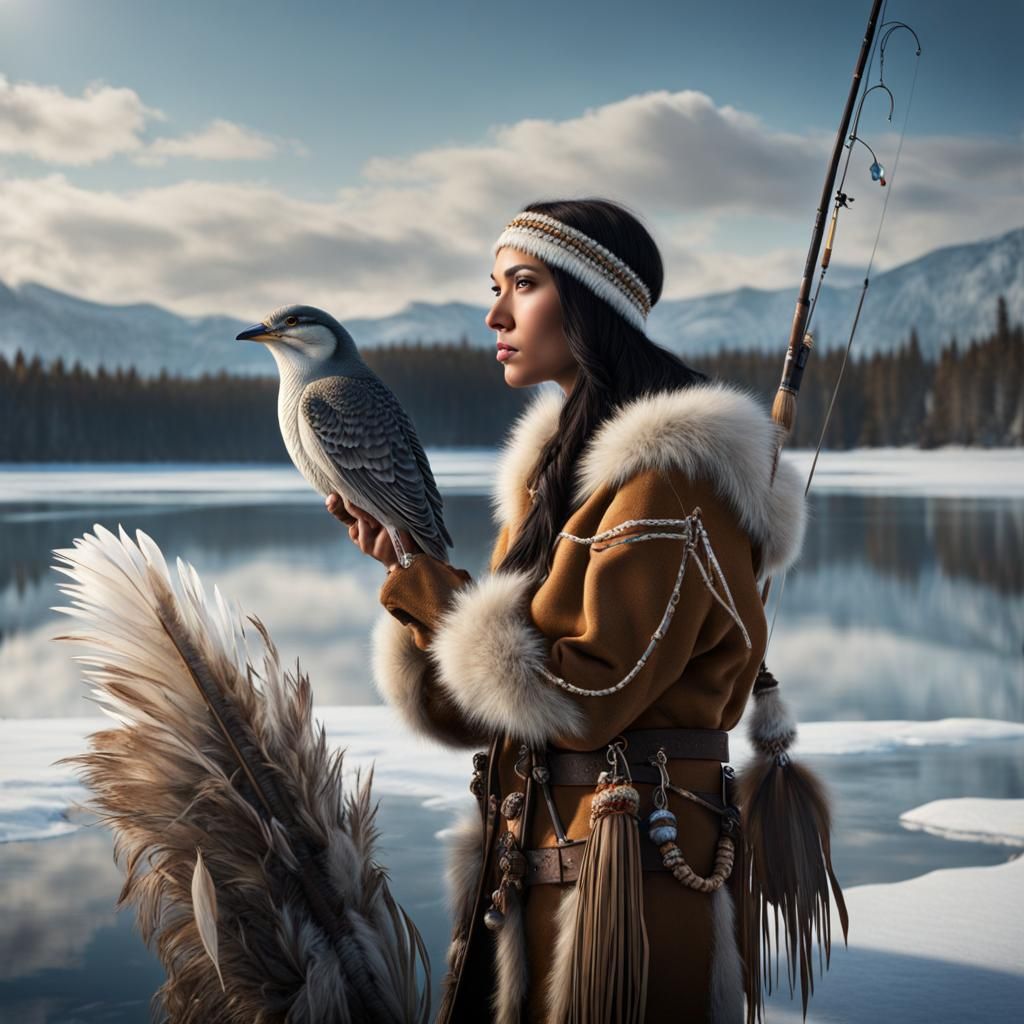 Native American Woman Fishing on Frozen Lake