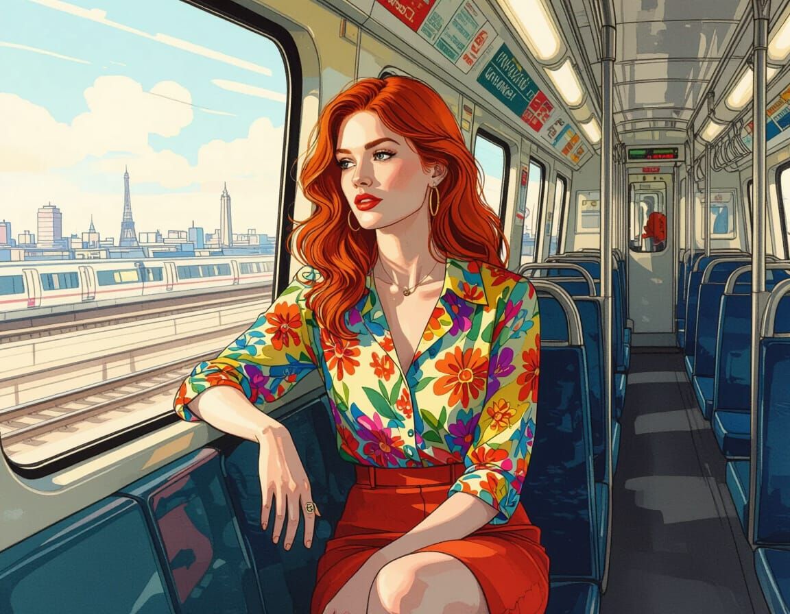 Woman on Paris Train in Detailed Ink Drawing Style