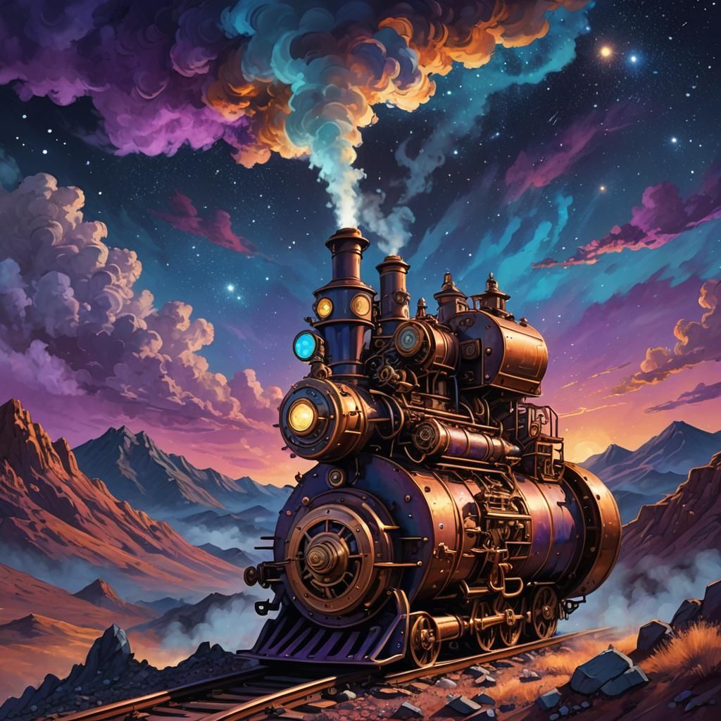 Steampunk Engine Under Starry Sky in Pop Art Style