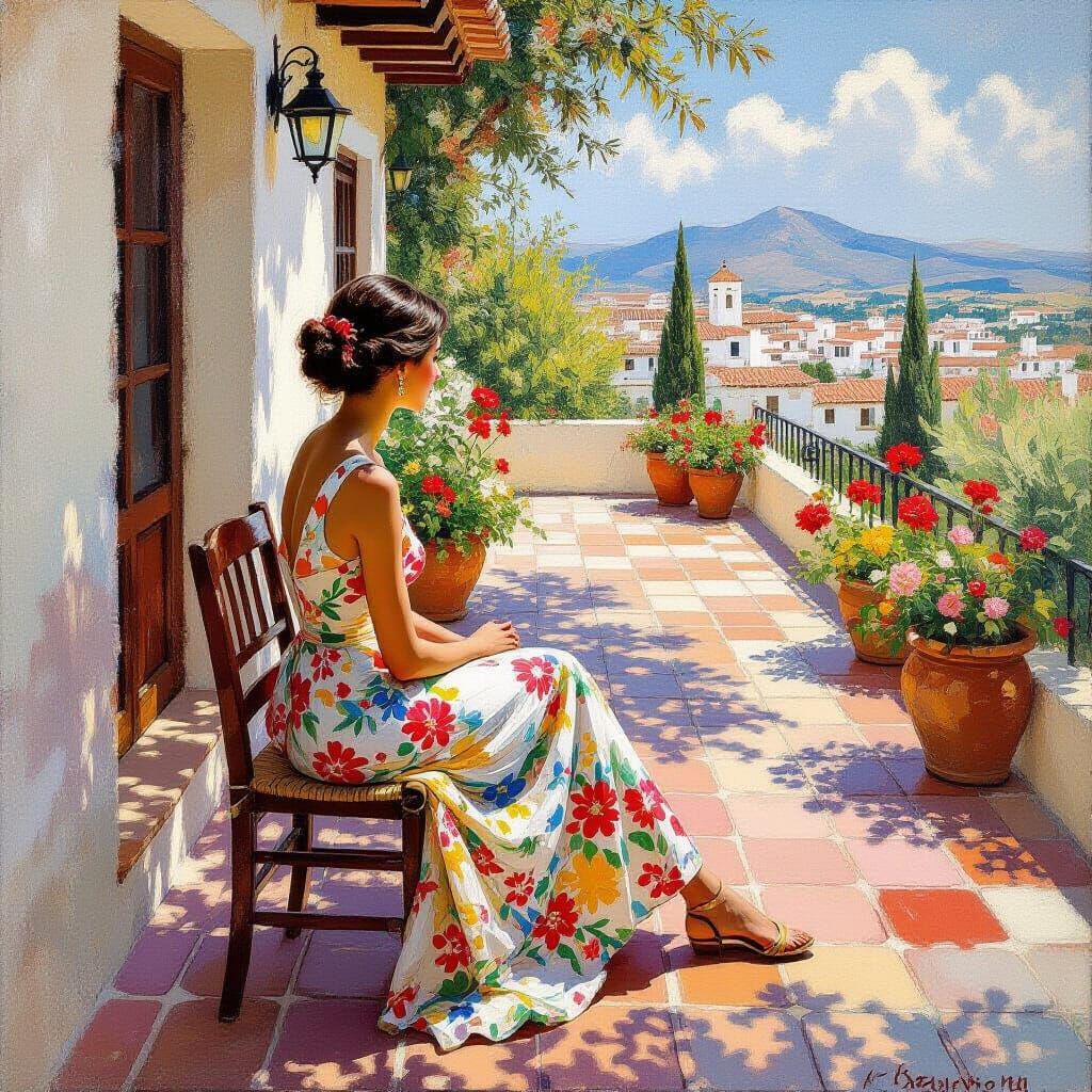 Andalusian Woman on Patio in Surrealist Style