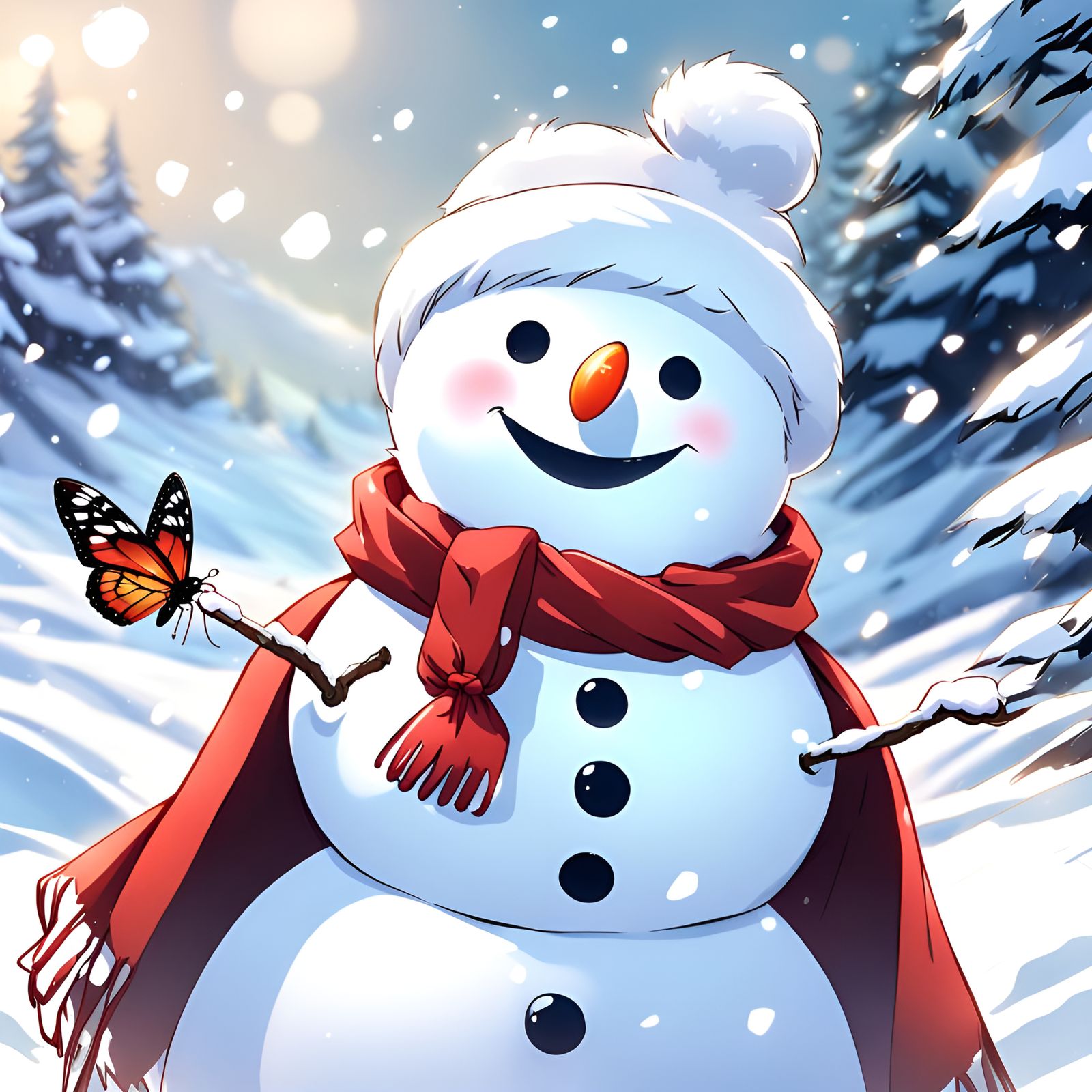 Cute Snowman Touches Butterfly: Anime Style