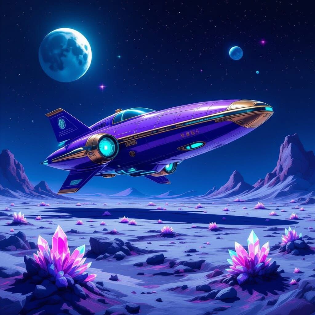 Purple Spaceship on Alien Moon Under Starry Sky