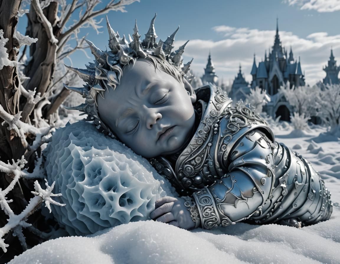 Sleeping Metal Baby in Icy Gothic Landscape