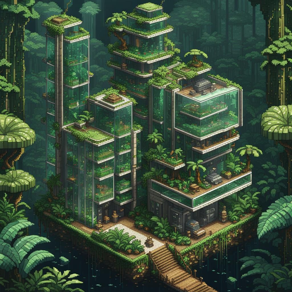 Luxurious Glass Buildings in 8-bit Rainforest