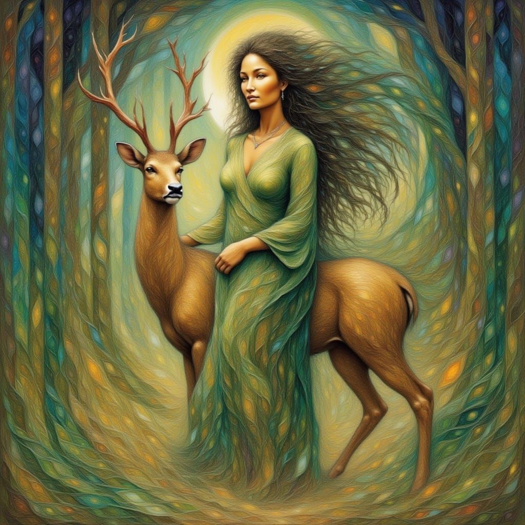 Artemis and Deer in Cypress Grove, Watercolor Style