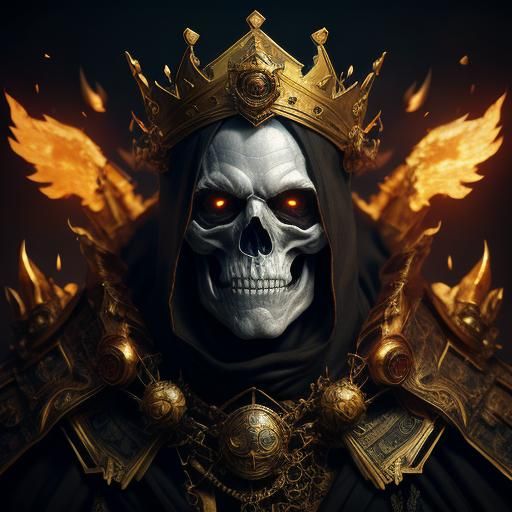 Skeleton King Portrait with Golden Crown and Flaming Eyes