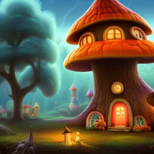 Cotton Candy Mushroom House with Bear in Halloween